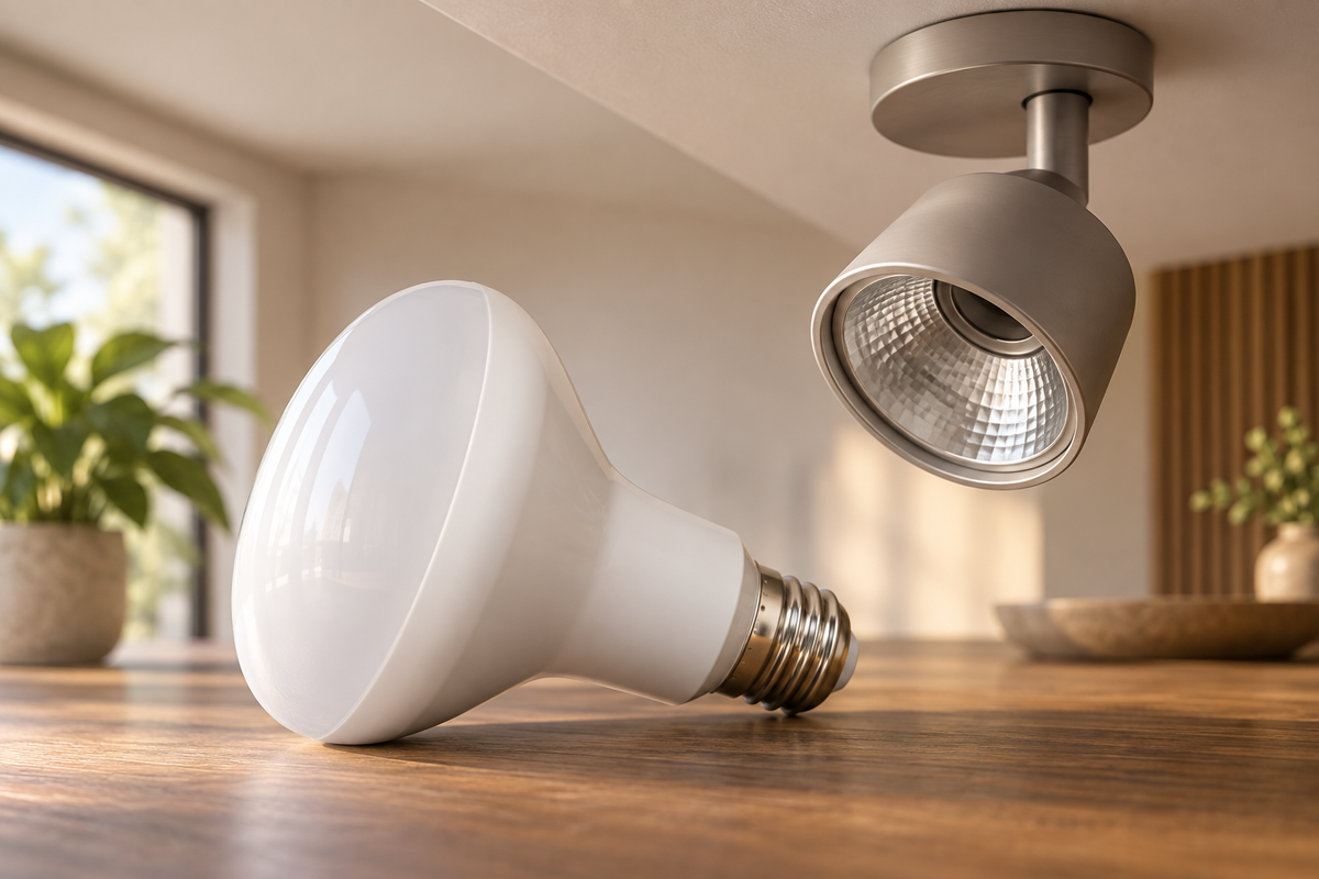 Reflector LED bulb beside a ceiling fixture