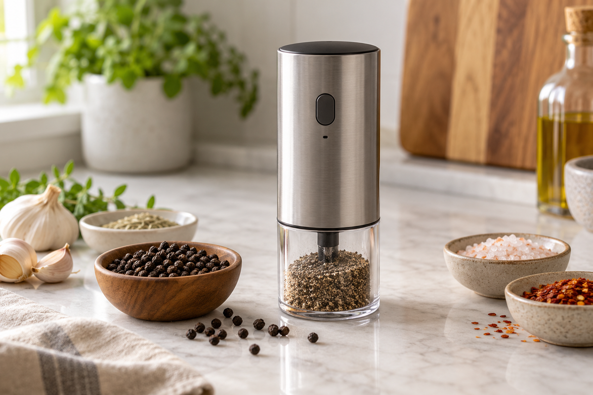 Compact rechargeable grinder with peppercorns and spices