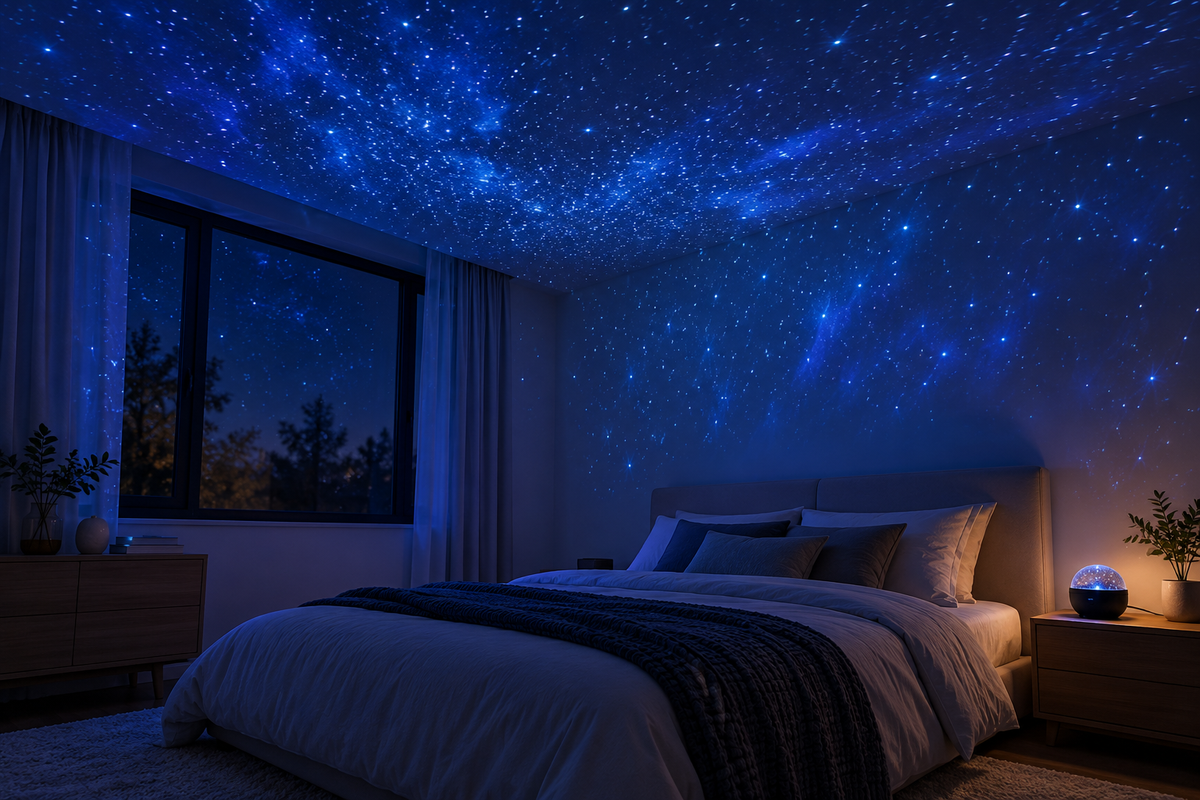 Constellation light projecting a star pattern across a bedroom ceiling