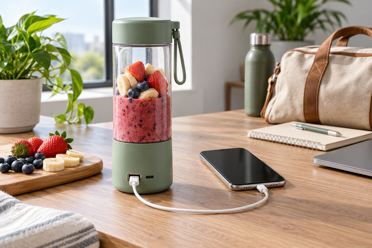 Portable rechargeable blender beside a phone and charging cable
