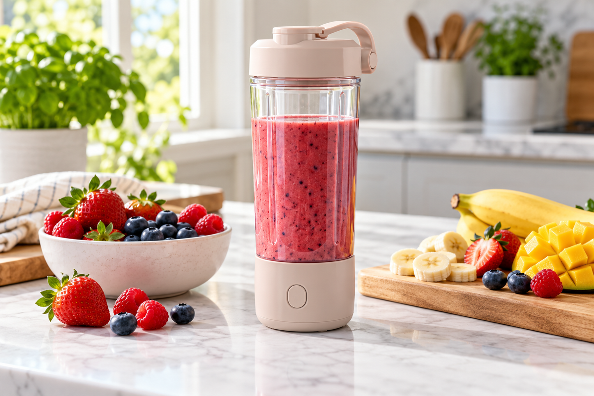 Rechargeable juice cup with fruit on a kitchen counter