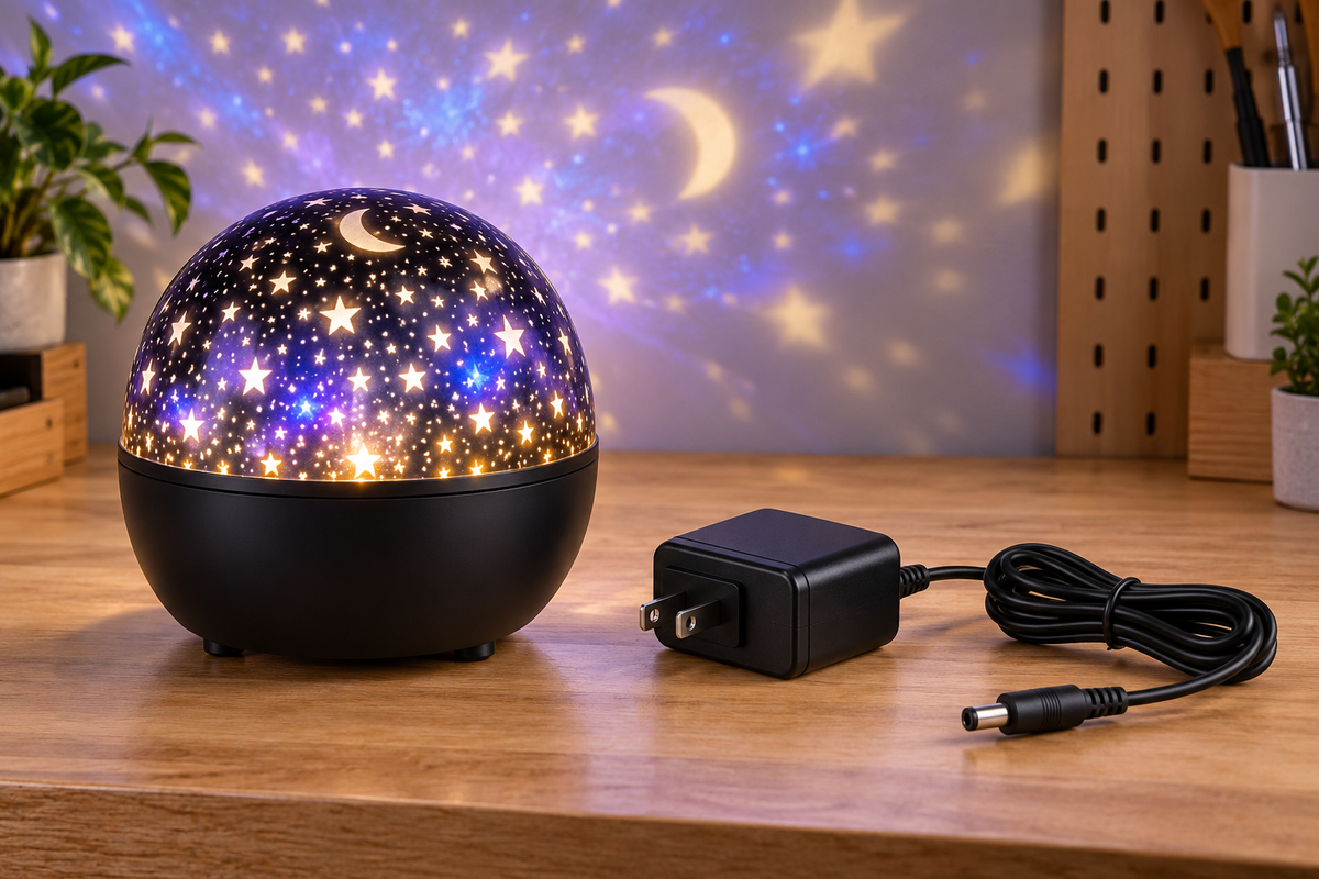 Unbranded decorative light projector beside a replacement adapter cord
