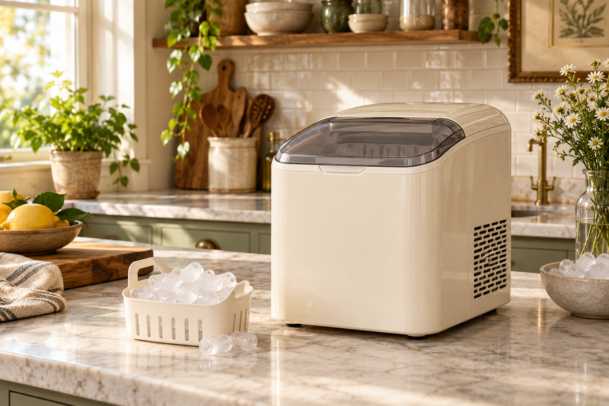 Retro-style countertop ice maker in a modern kitchen