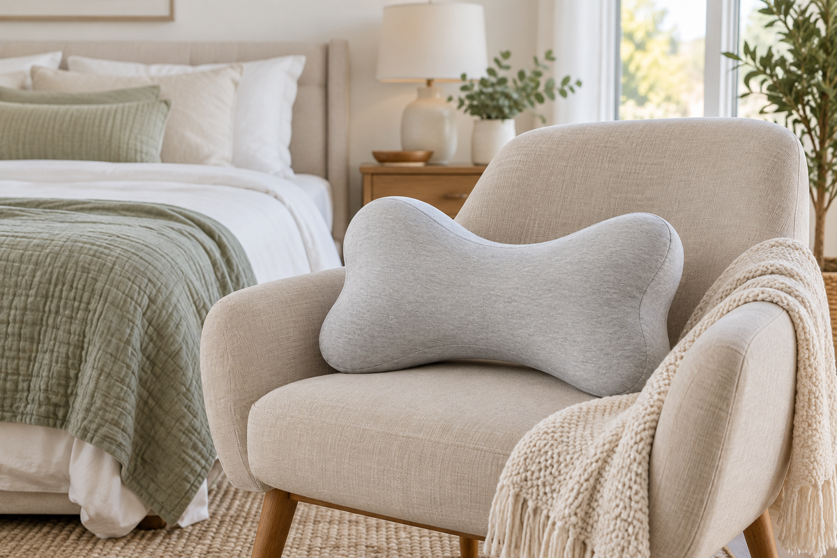 Bone-shaped memory foam support pillow on a neutral bedroom chair