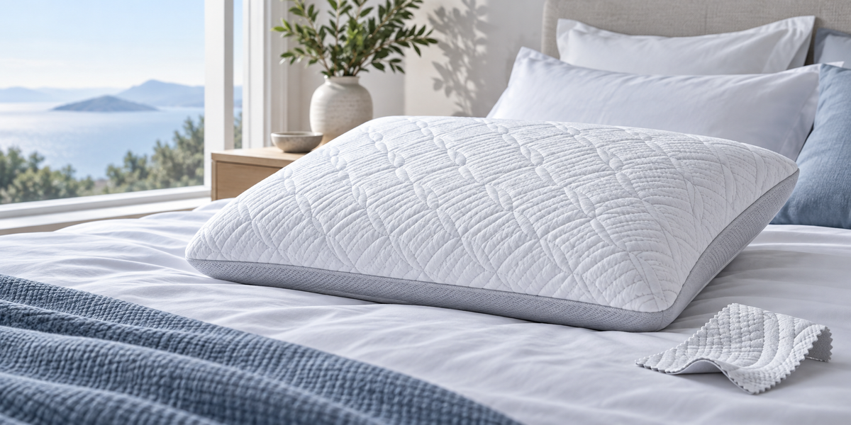 Temperature-regulating pillow with a breathable quilted cover on a bed