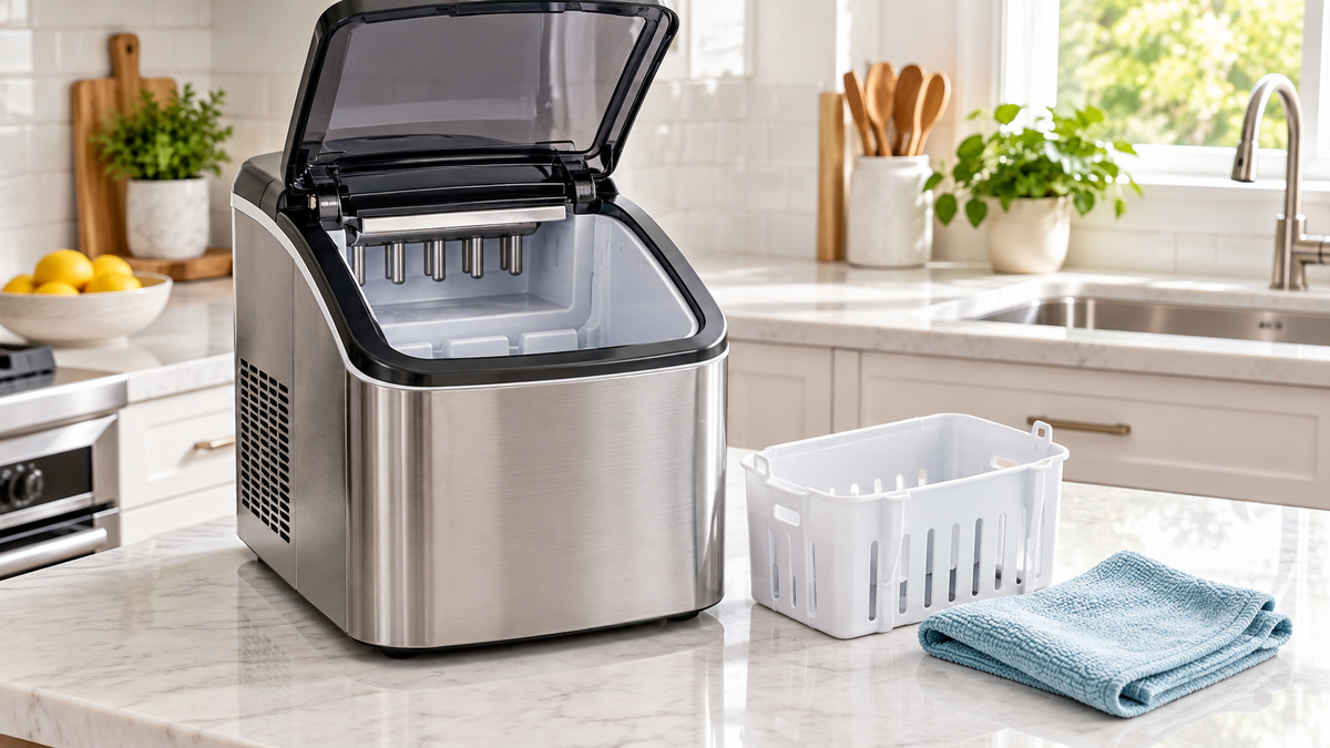 Open countertop ice maker with removable basket and cleaning cloth