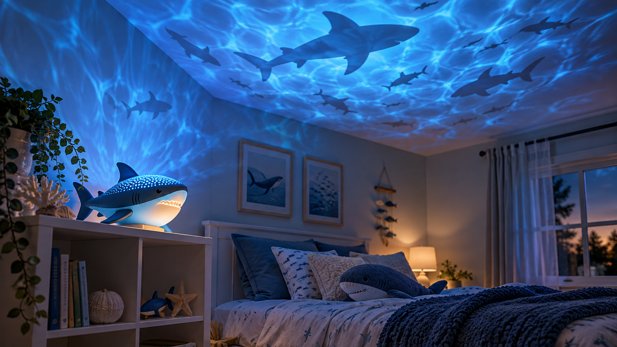 Shark-themed night-light projector casting ocean patterns in a bedroom