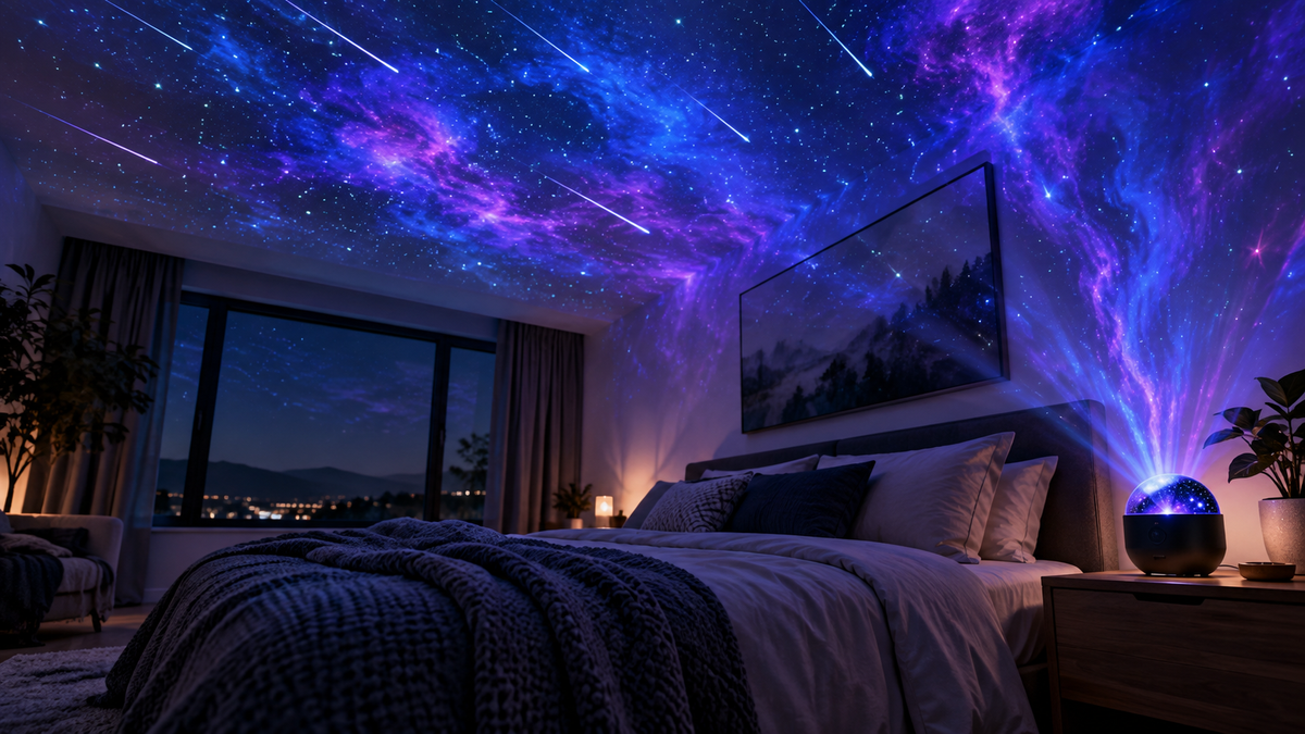Shooting-star galaxy projector creating blue and violet ceiling effects