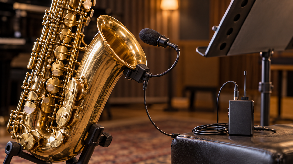Wireless clip-on microphone and receiver arranged beside a saxophone