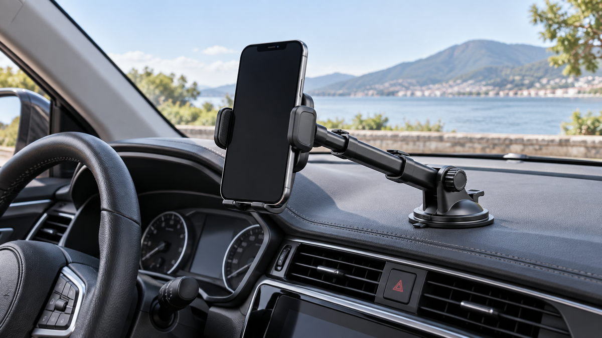 Telescopic car phone holder mounted on a parked car dashboard