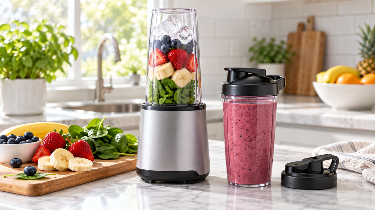 Single-serve blender with travel-lid cup and fresh ingredients