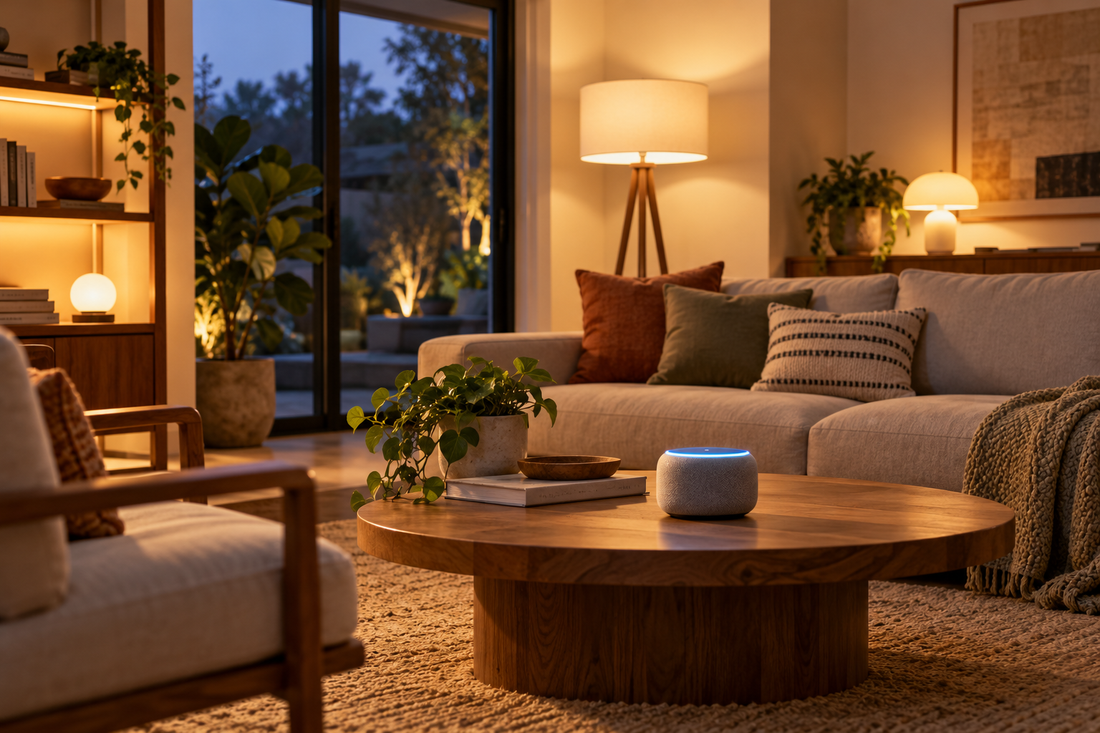 Voice-assistant smart lighting in a modern living room
