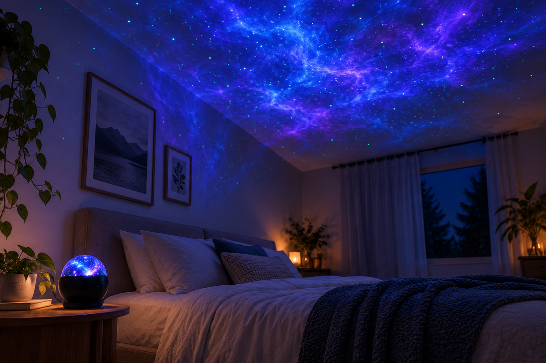 Galaxy projector night light illuminating a bedroom ceiling