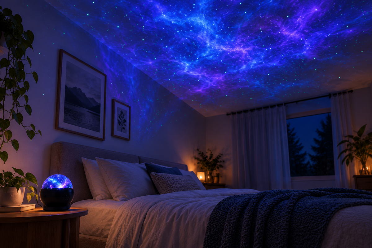 Galaxy projector night light illuminating a bedroom ceiling