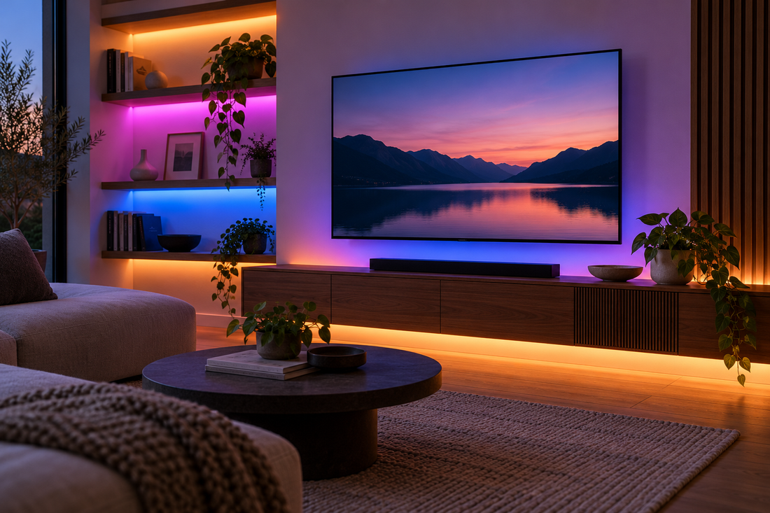 RGB smart light strips installed behind shelves and a media console