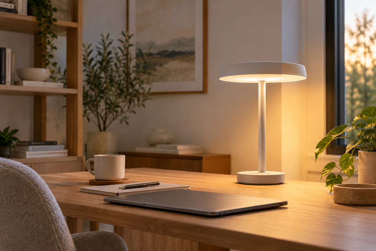Modern smart table lamp illuminating a calm home office