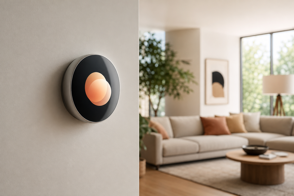 Generic smart thermostat on a clean wall in a modern living room