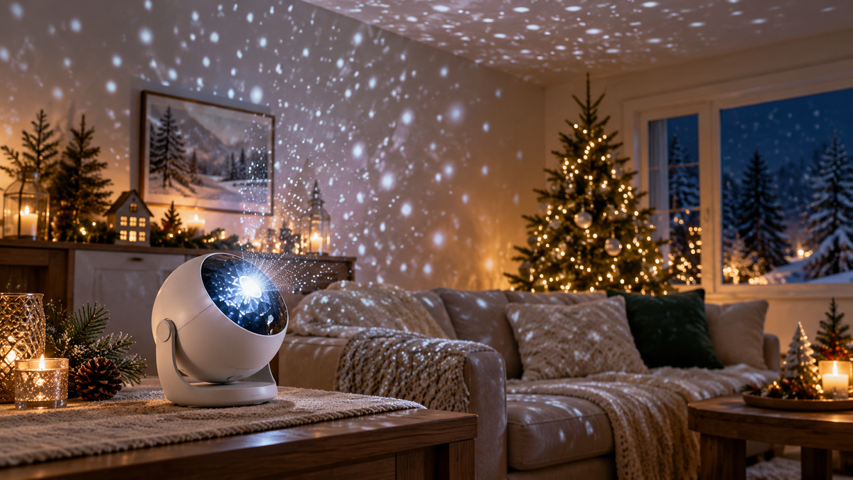 Snowfall-style light projector creating gentle winter dots in a living room