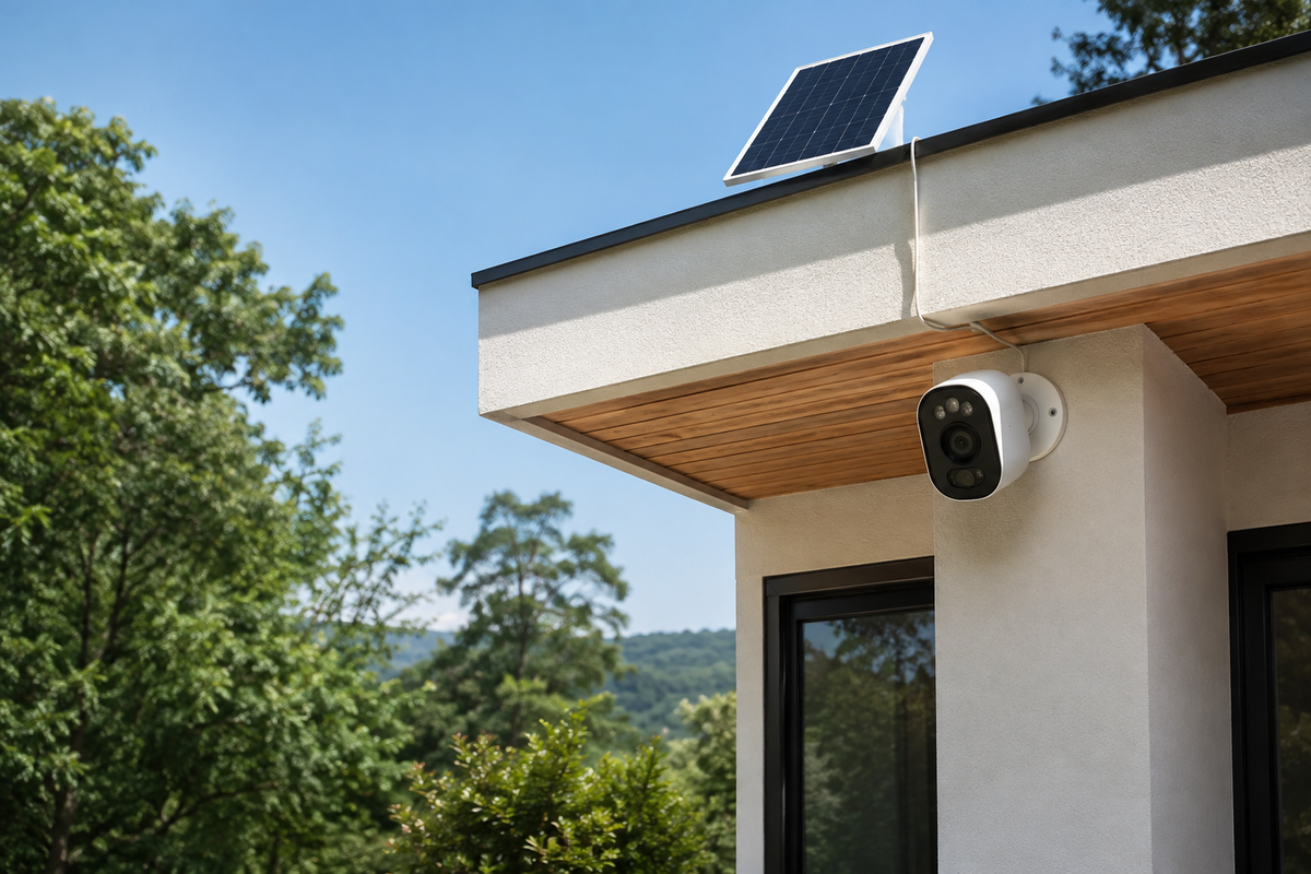 Generic solar-powered security camera on a modern home
