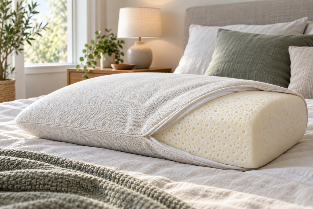 Sponge-foam pillow with removable cover in a bedroom
