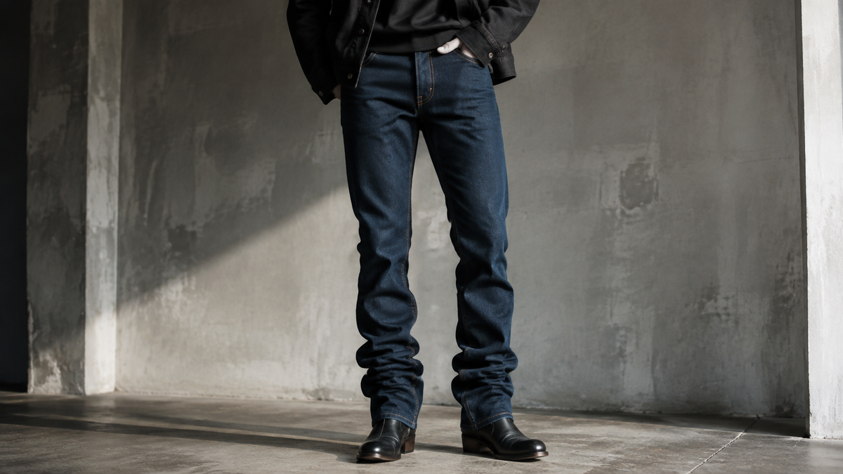 Model wearing stacked jeans with natural folds at the hem
