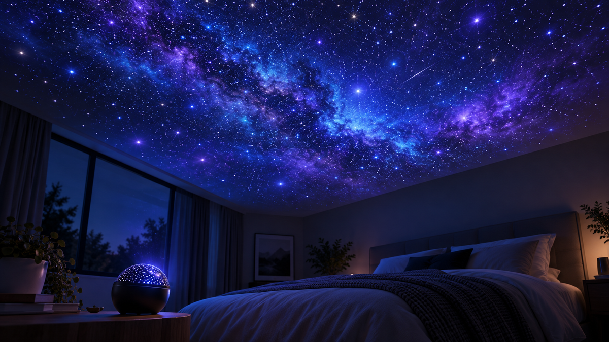 Bedroom ceiling covered with a calm generic star field from a small projector