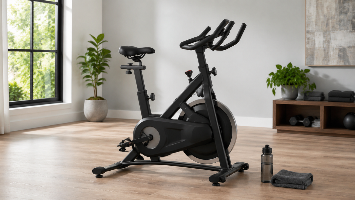 Unbranded stationary bike in a bright home fitness room