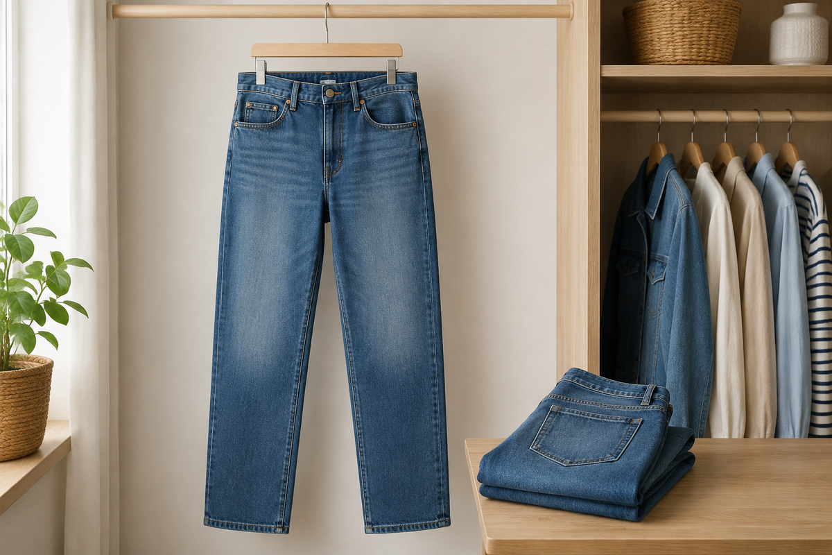 Unbranded straight leg jeans displayed in a wardrobe