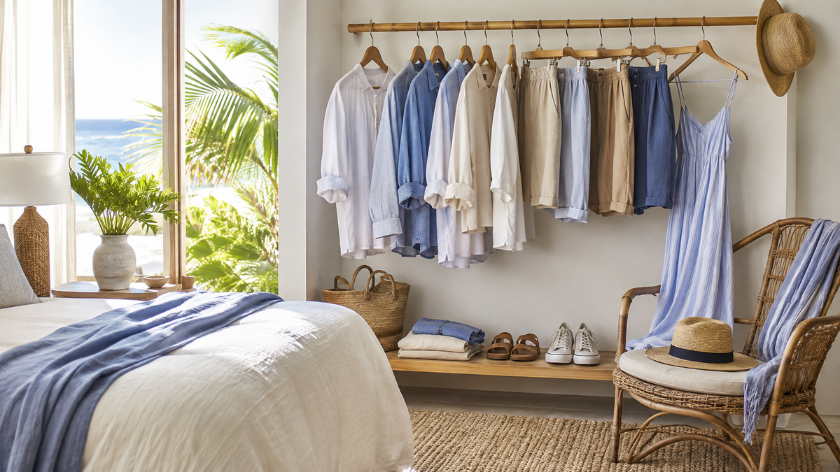 Lightweight summer clothes arranged in an airy wardrobe