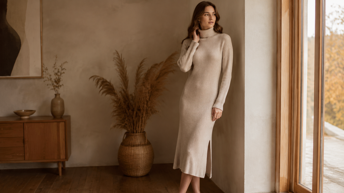 Adult woman wearing a neutral knit sweater dress