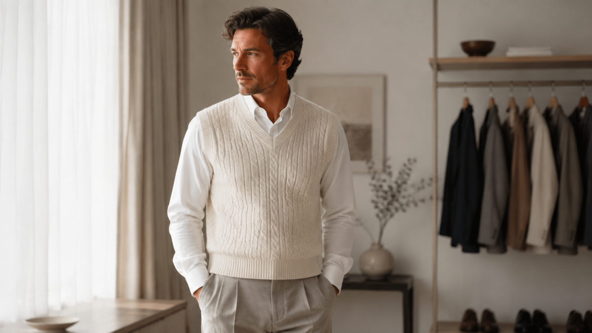 Man wearing a knitted sweater vest over a plain shirt