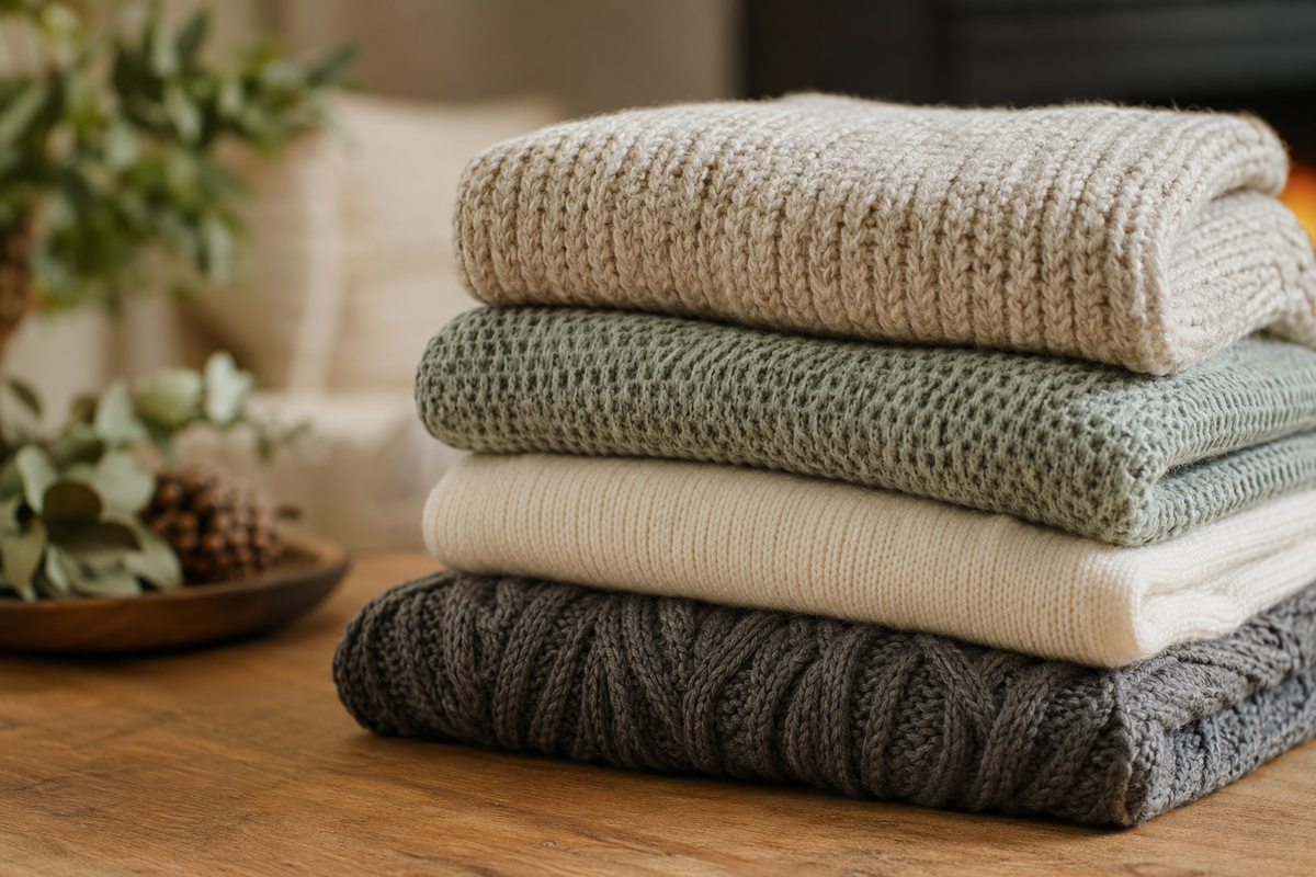 Folded knit sweaters showing varied textures and neutral colors