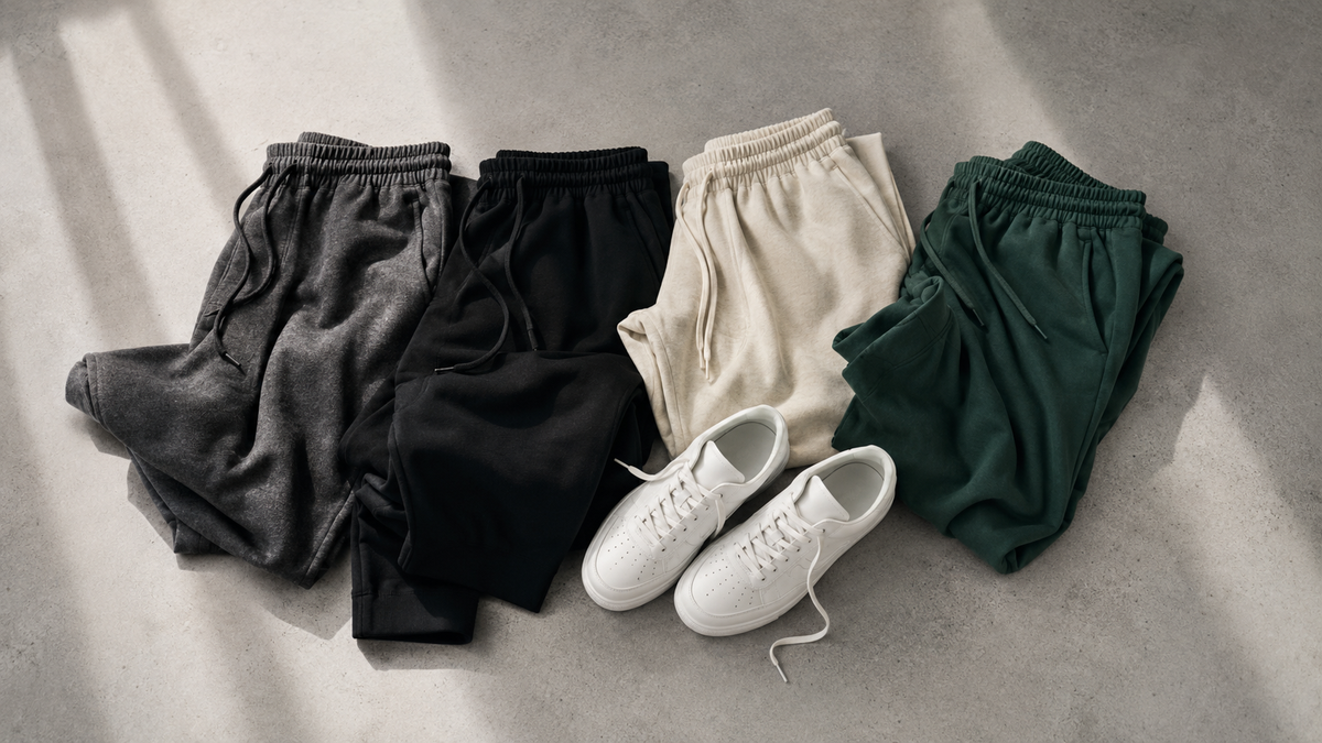Sweatpants in neutral and deep colors with plain sneakers