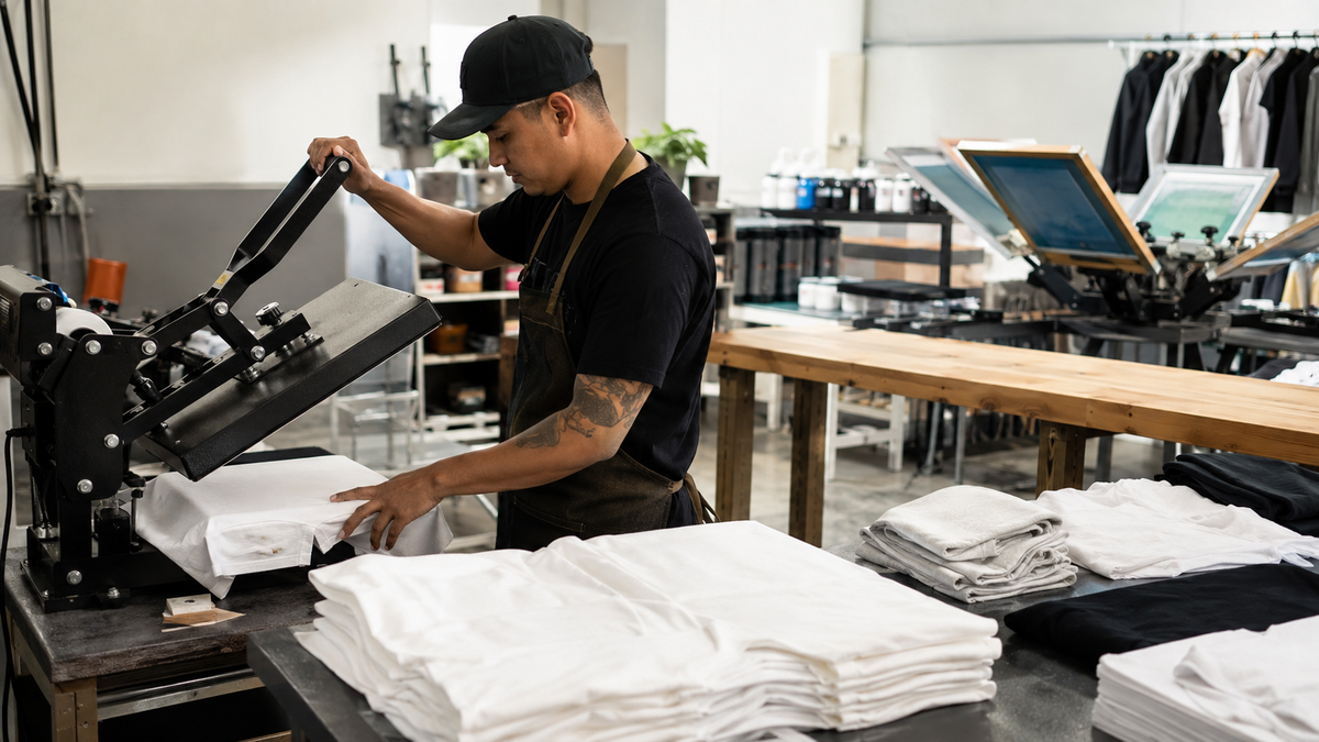 Worker operating a heat press in a clean T-shirt printing studio