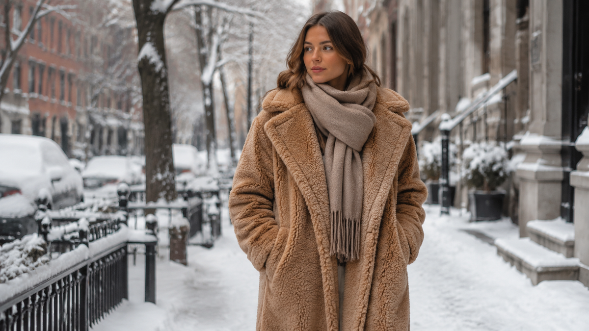 Woman wearing a warm teddy coat on a snowy street