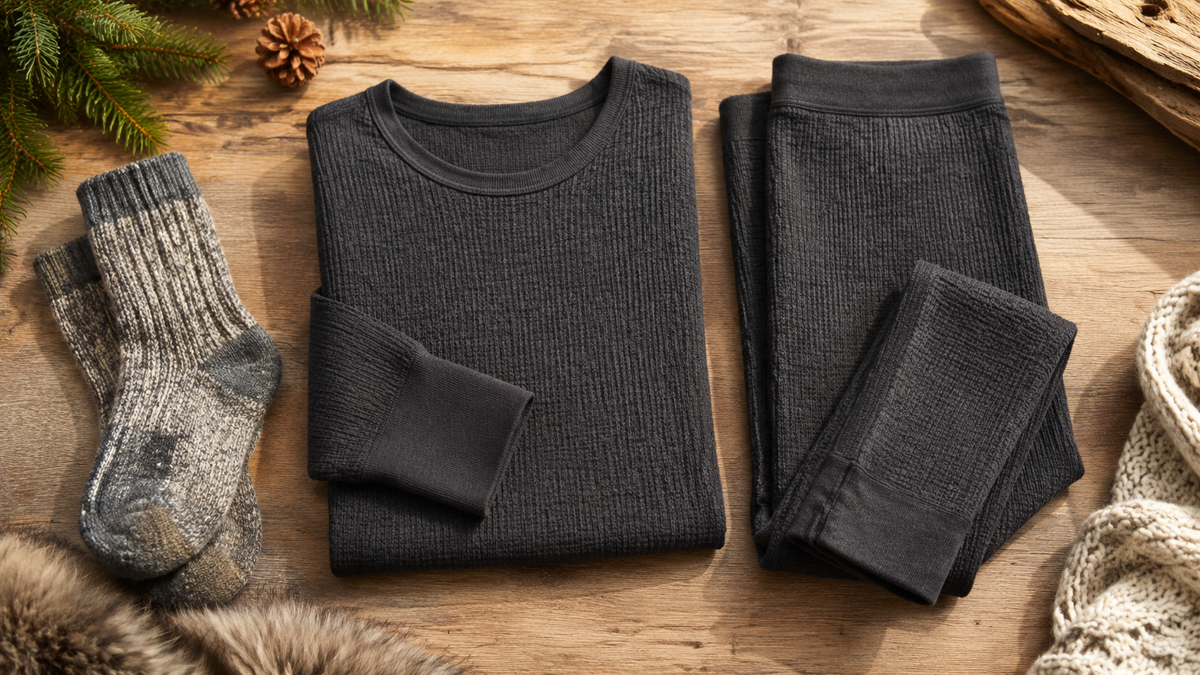 Thermal base layer top and leggings arranged on a neutral surface
