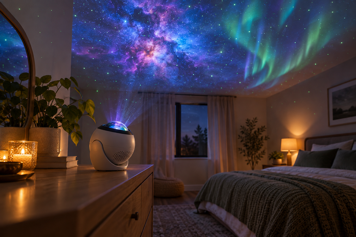Galaxy projector illuminating a bedroom ceiling