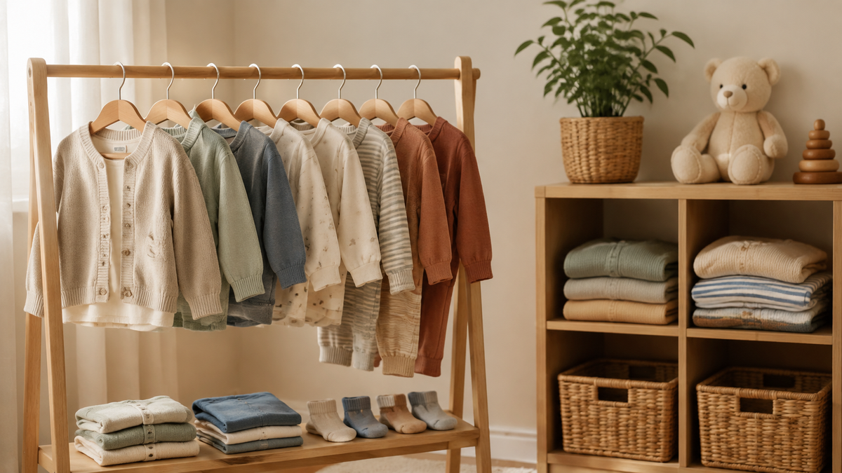 Toddler clothes arranged on a wooden rack in a bright room