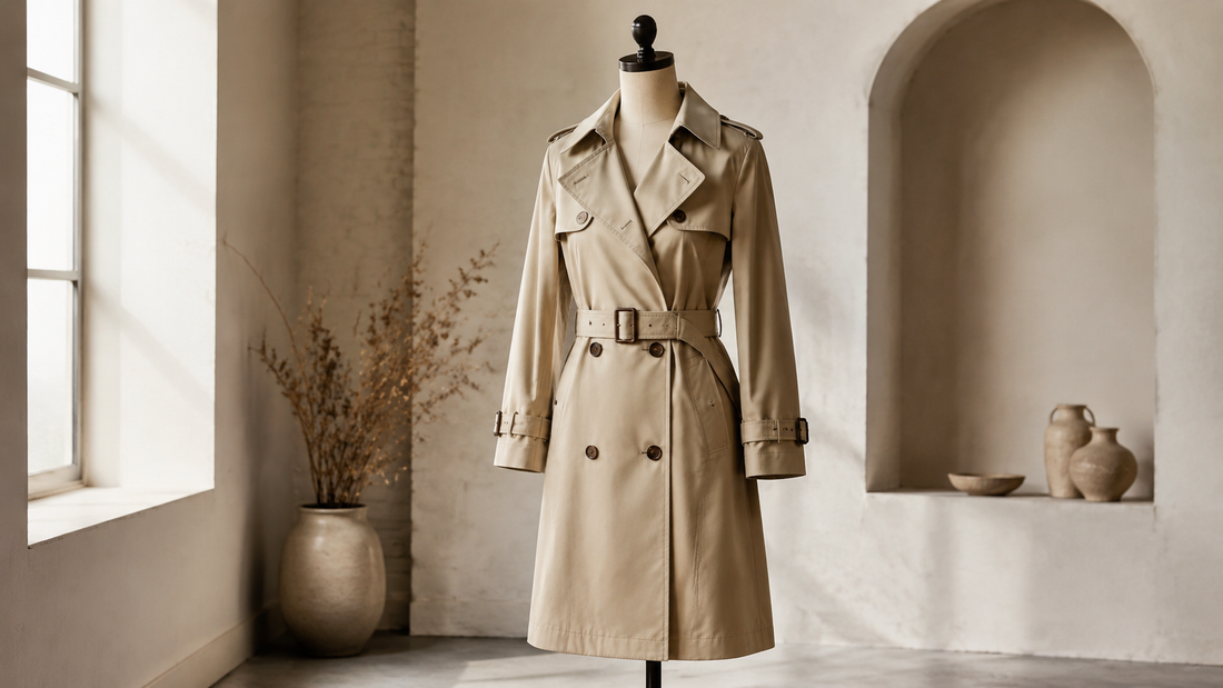 Classic beige trench coat in a refined fashion studio