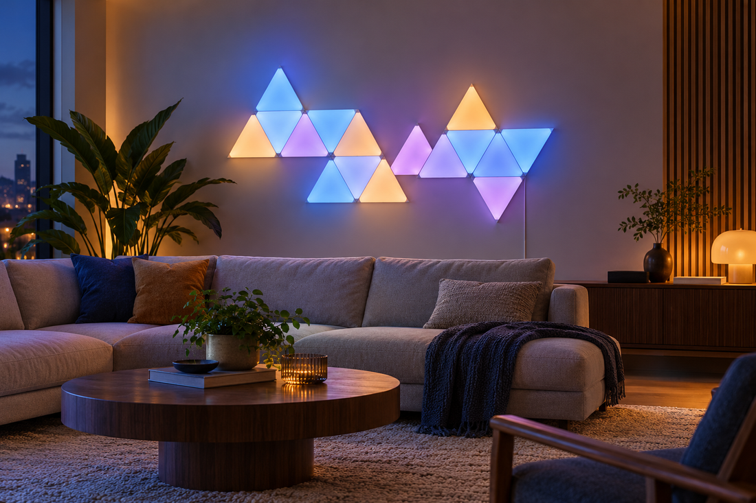 Triangular smart light panels on a modern wall