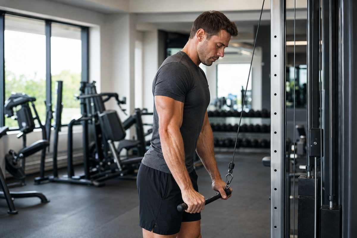 Athlete performing a controlled cable triceps pressdown