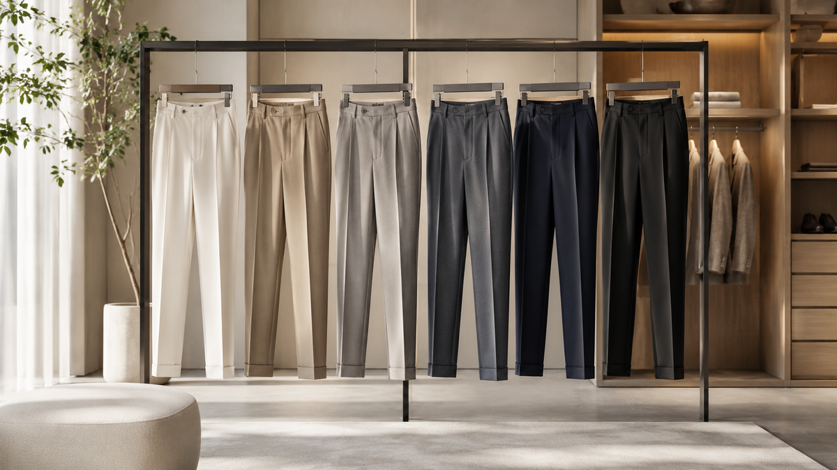 Assorted tailored trousers displayed in a modern wardrobe
