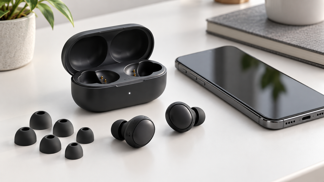 True wireless stereo earbuds, charging case, and ear tips
