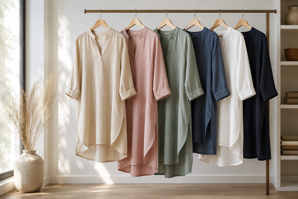 Assorted tunics in neutral colors displayed on hangers