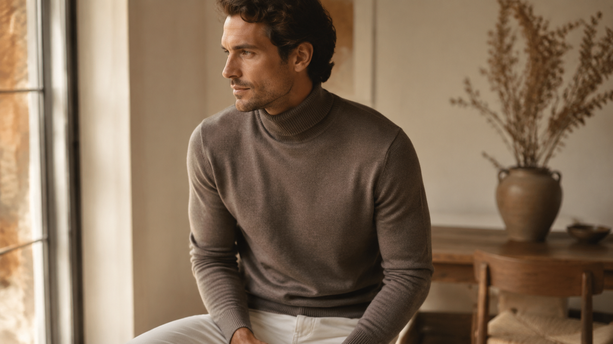 Man wearing a fine-knit brown turtleneck sweater