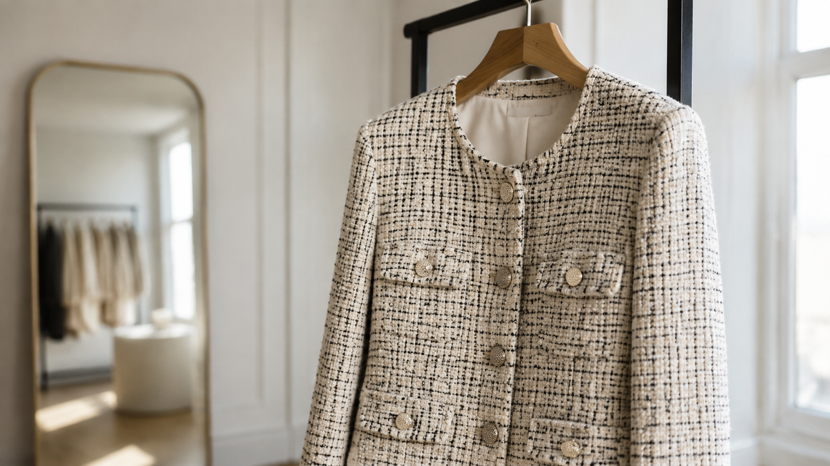 Textured tweed jacket displayed in a bright dressing room