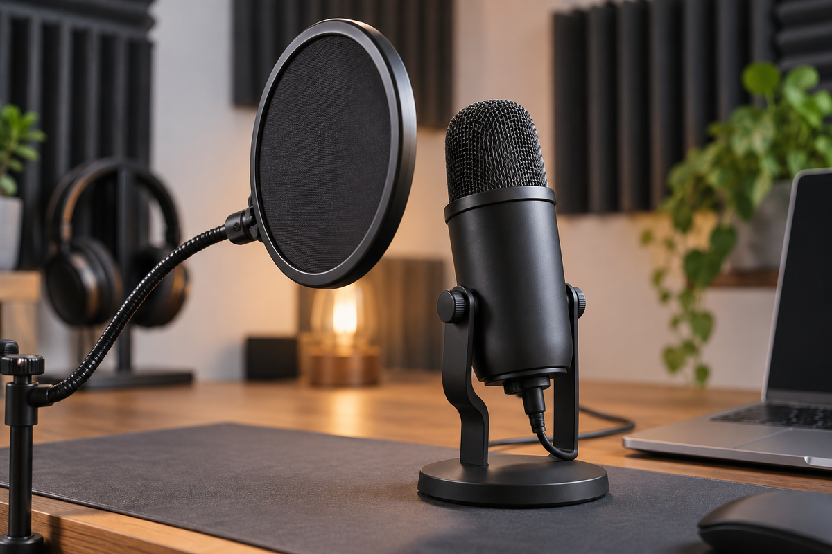 Pop filter positioned in front of a desktop USB microphone