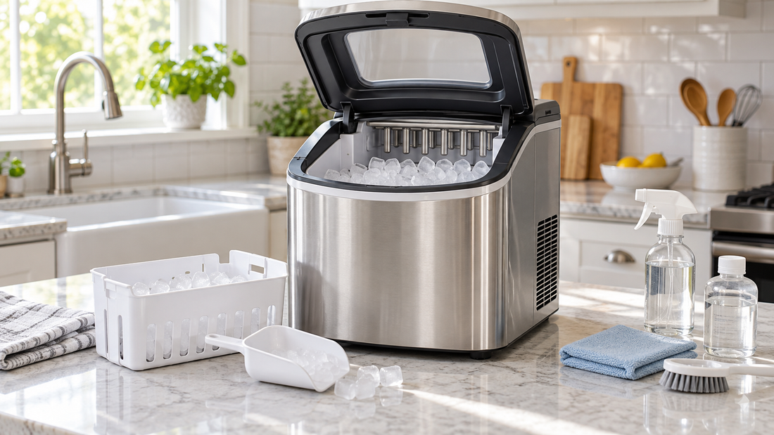 Used portable ice maker with cleaning tools on a kitchen counter