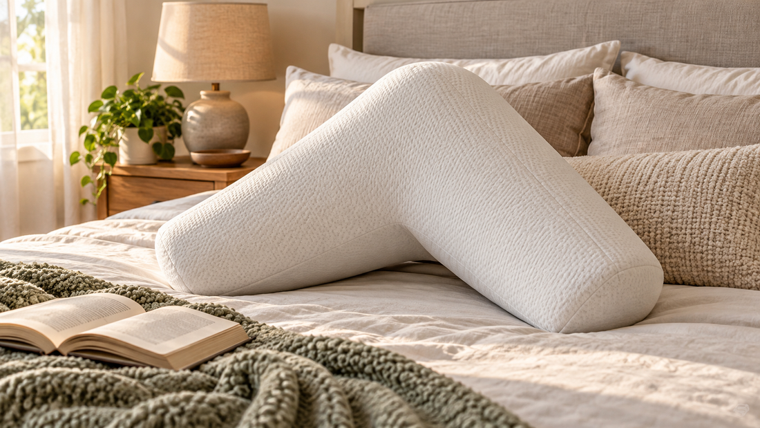 V-shaped memory-foam pillow arranged on a bed