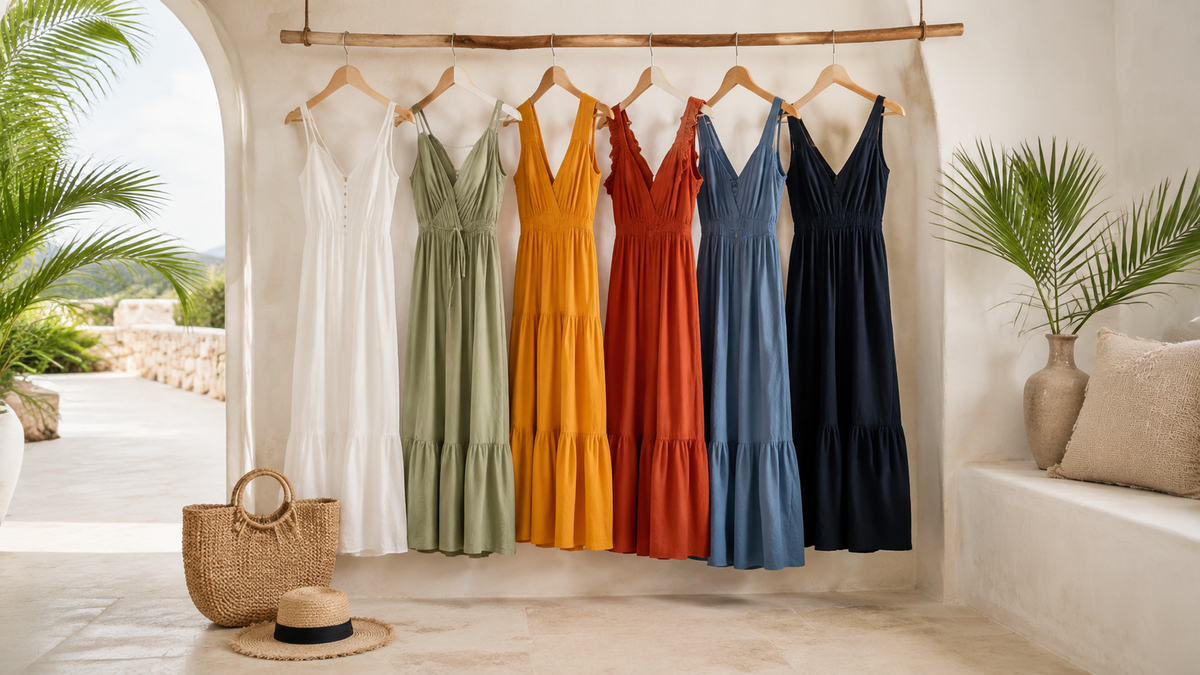 Assorted lightweight vacation dresses in a bright resort-style room
